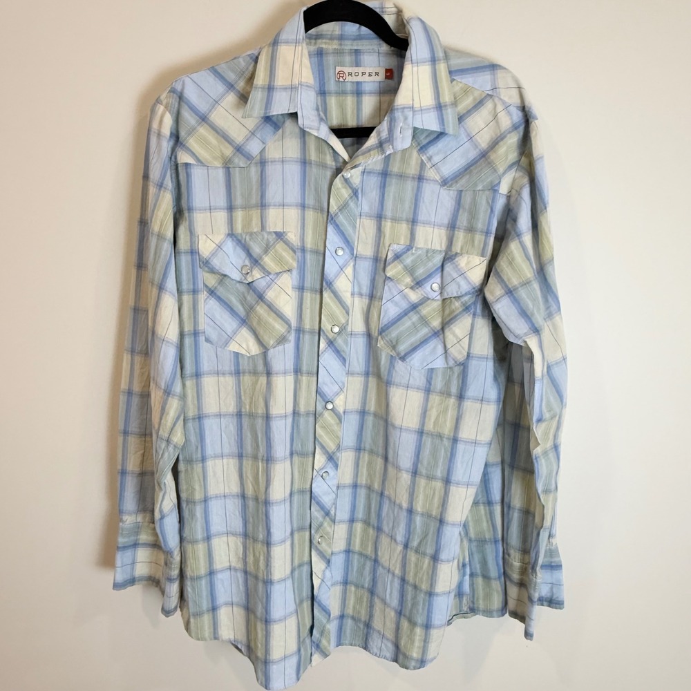 Roper Plaid Pearl Snap Western Shirt Men's Size L Blue Green Cream Long Sleeve‎